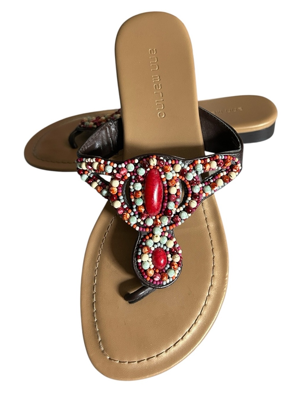 Ann Marino Multicolored Beaded Sandals Flip Flop Sandals with Red Accent Stones